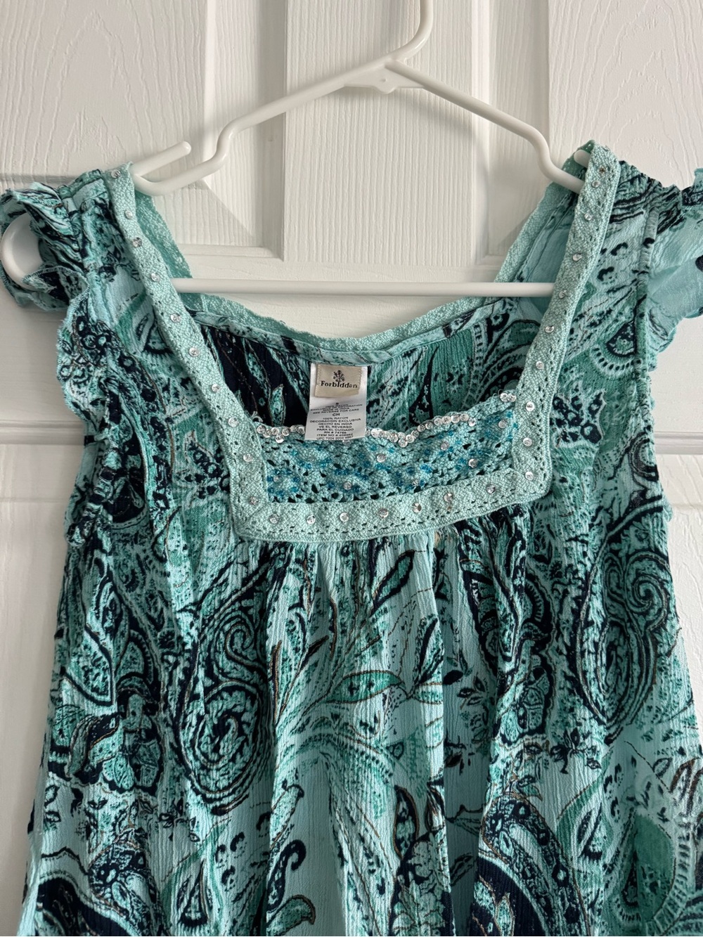 Aqua Paisley Sleeveless Sundress with Blue Floral Hem - Picture 3 of 5